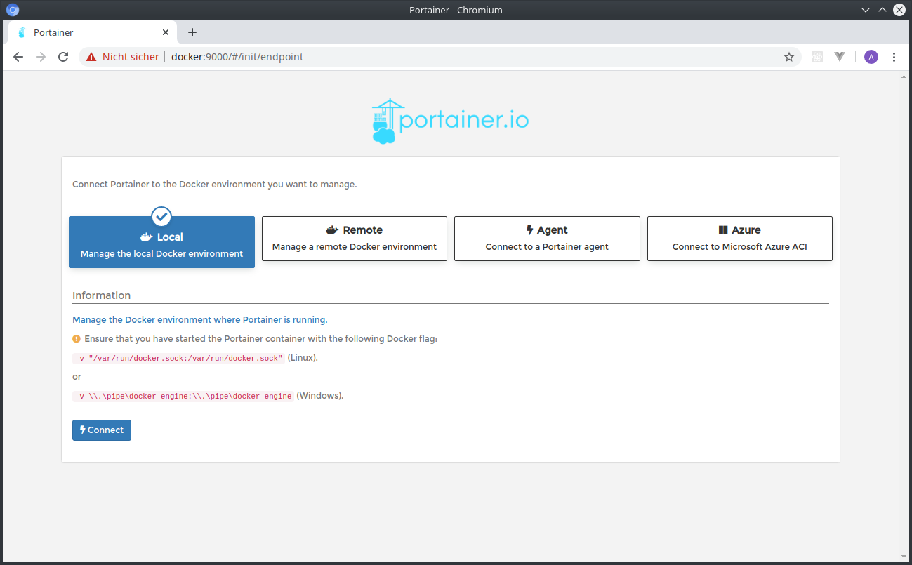 Portainer – Verbindung zum Docker-Daemon herstellen: "portainer.io. Connect Portainer to the Docker environment you want to mange. Local. Remote. Agent. Azure."