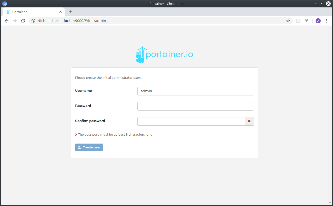 Portainer – Einrichten des Administrator-Accounts: "portainer.io. Please create the initial administrator user."