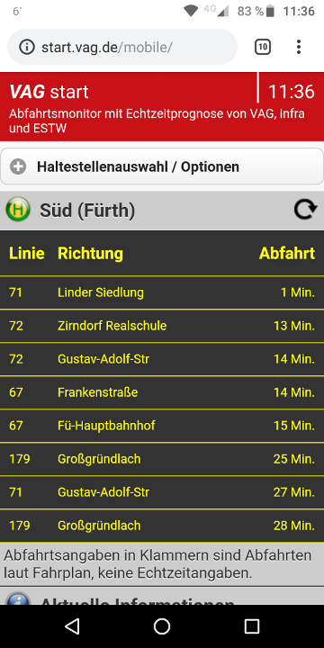 start.vag.de – Anzeige der Linie, Richtung und Abfahrtszeit in Minuten