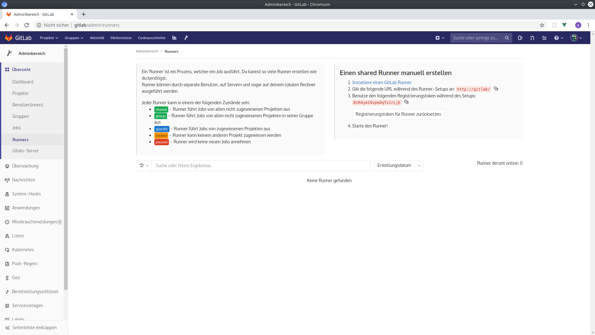 GitLab-Adminbereich: Kein Runner registriert