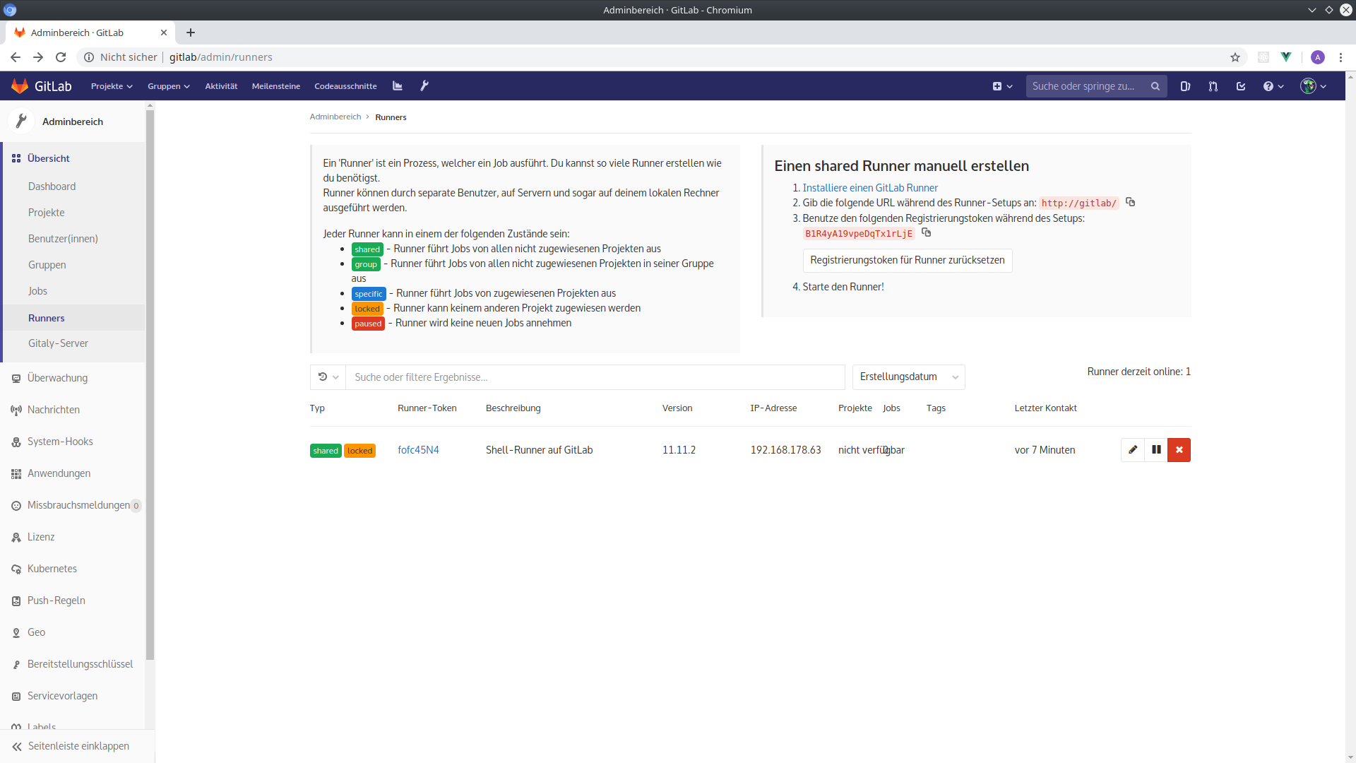GitLab-Adminbereich: Shell-Runner registriert
