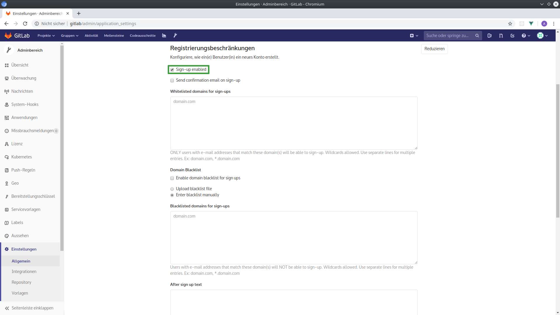 Einstellungen im GitLab-Adminbereich: Registrierungen deaktivieren