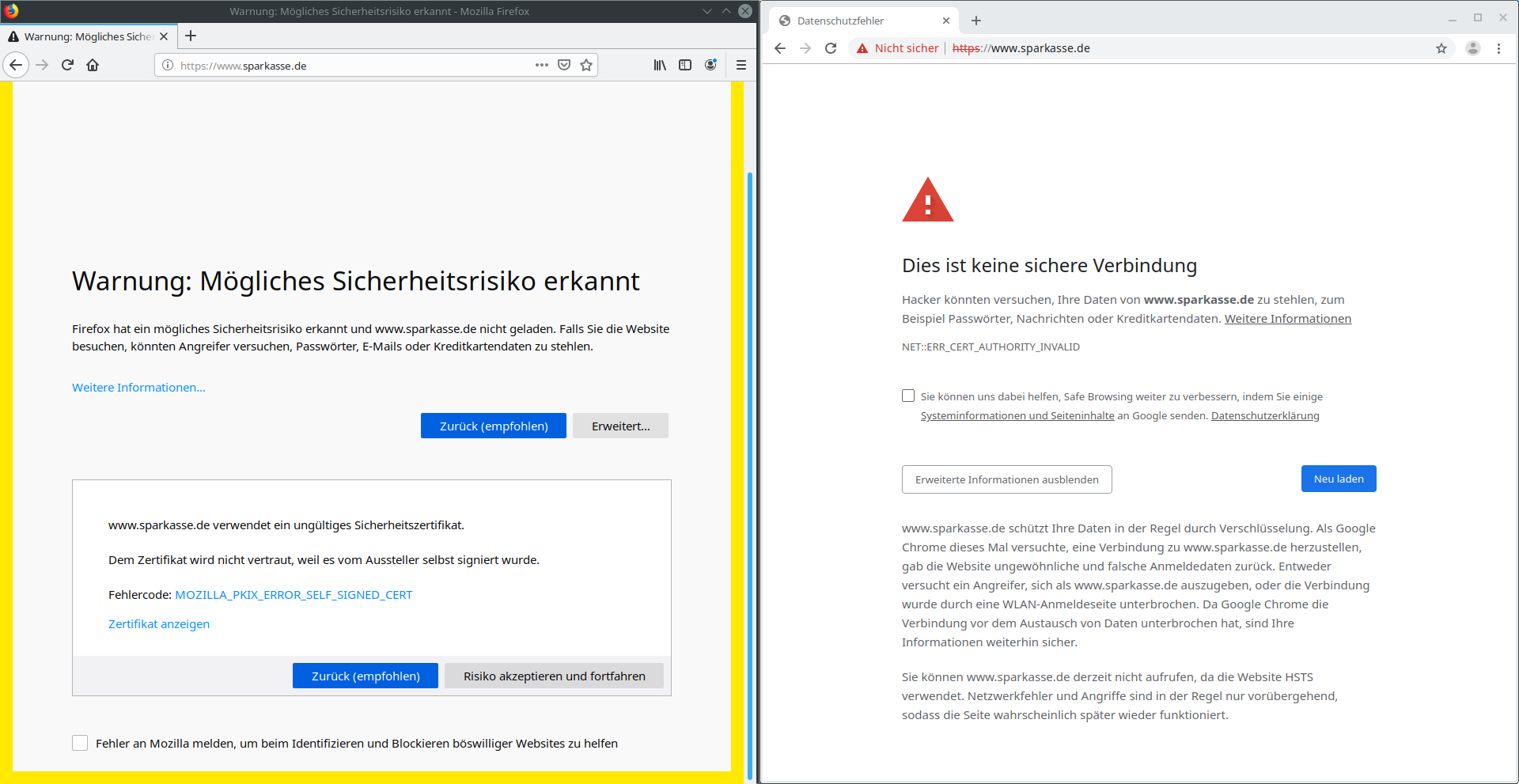 Sicherheitswarnung für selbst-signiertes Sparkassen-Zertifikat: Firefox und Chrome mit erweiterten Informationen