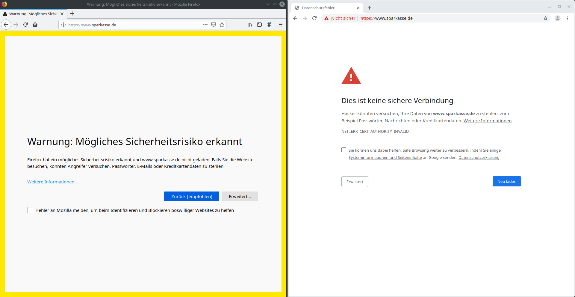 Firefox und Chrome zeigen Sicherheitswarnung für selbst-signiertes Sparkassen-Zertifikat