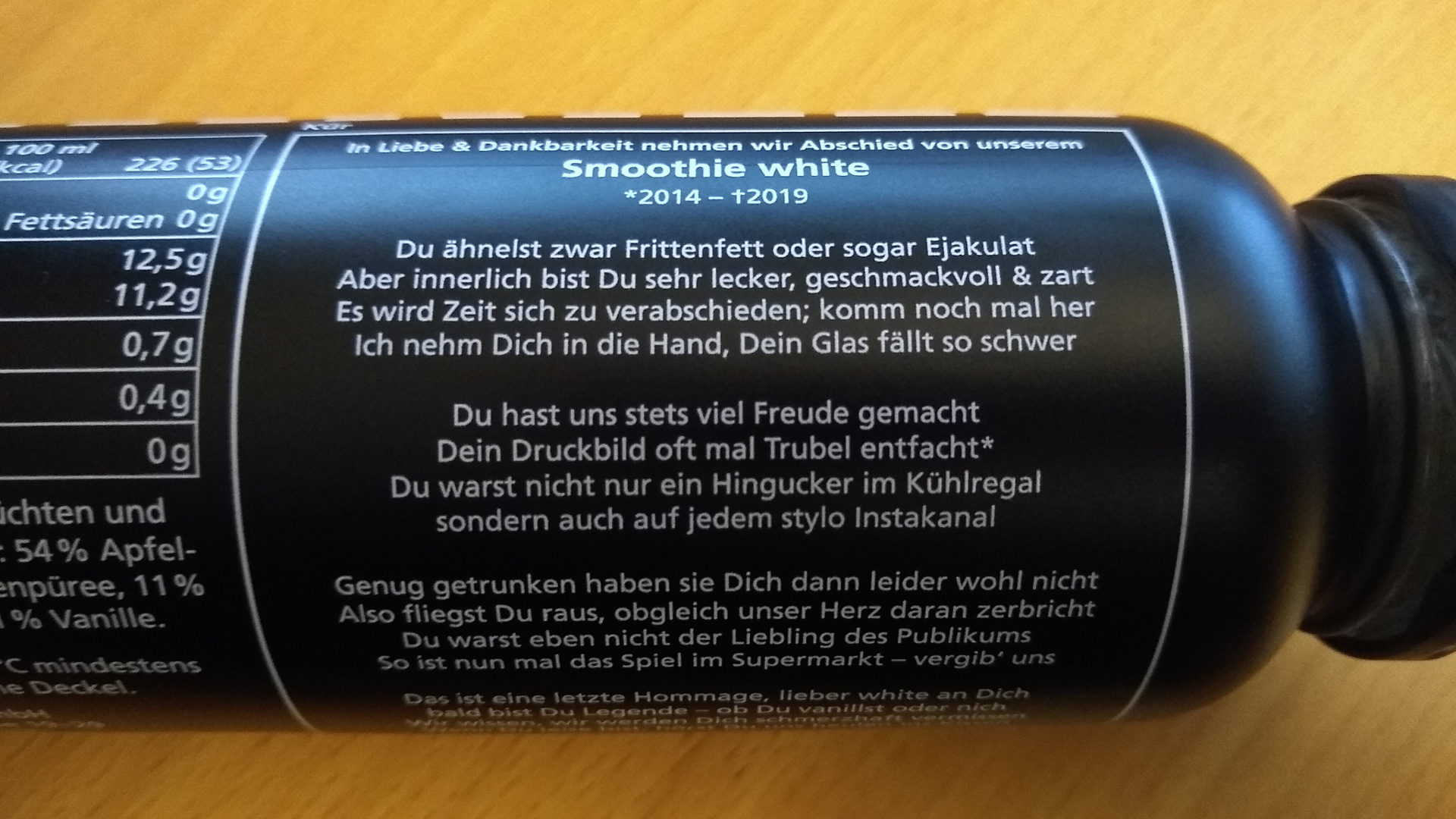 true fruits Smoothie white – Rückansicht mit Nachruf