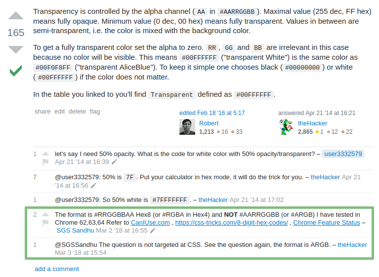 Kommentare zur "Stack Overflow"-Antwort, die auf die Tatsache hinweisen, dass das Farbformat für .NET anders ist als für CSS