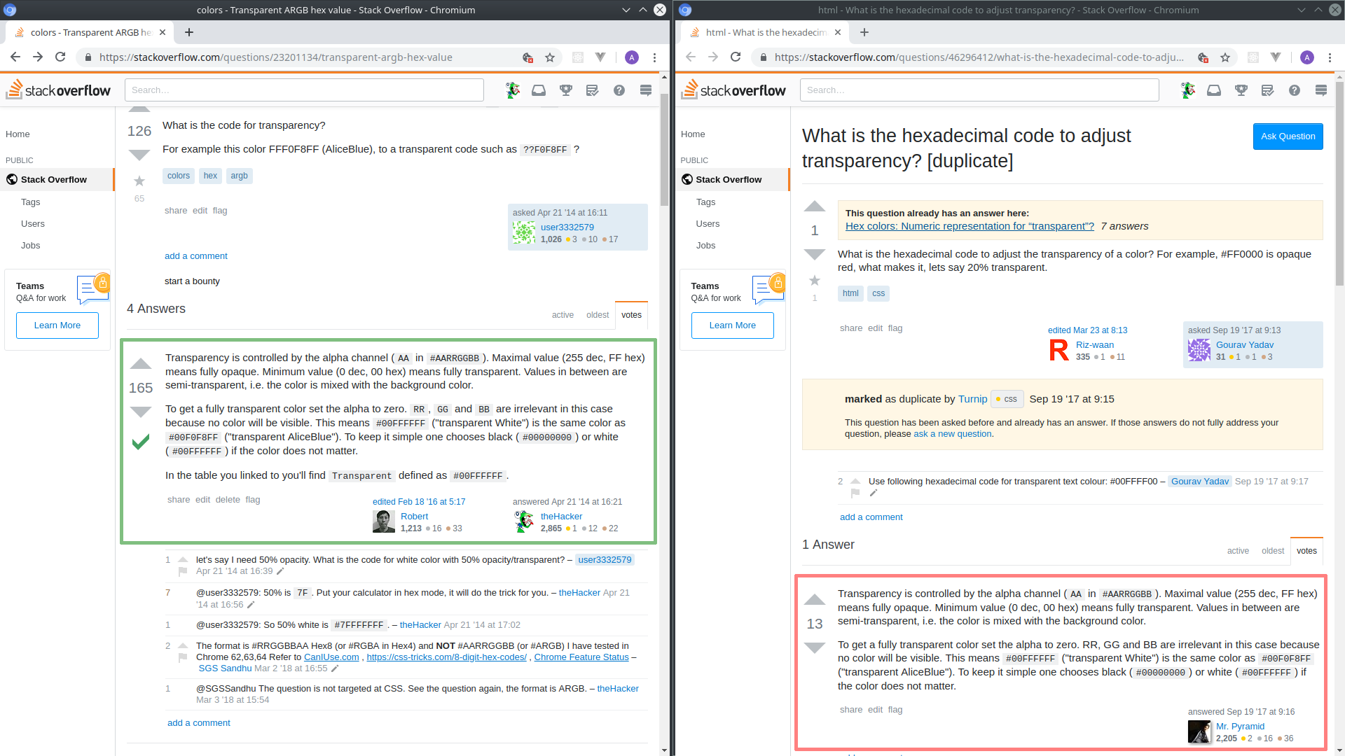 "Stack Overflow"-Fragen side-by-side – links Originalfrage, rechts Plagiat