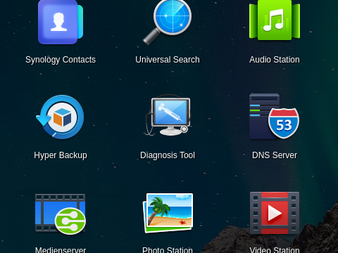 Synology-App-Menü: Ein neues Icon "Diagnosis Tool" ist im Menü – Synology Contacts, Universal Search, Audio Station, Hyper Backup, Diagnosis Tool, DNS Server, Medienserver, Photo Station, Video Station