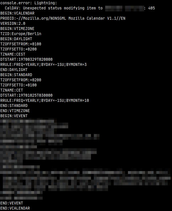 HTTP 405 beim Ändern eines Termins in Lightning: Konsolenausgabe - "console.error: Lightning: CalDAV: Unexpected status modifying item to ...: 405"