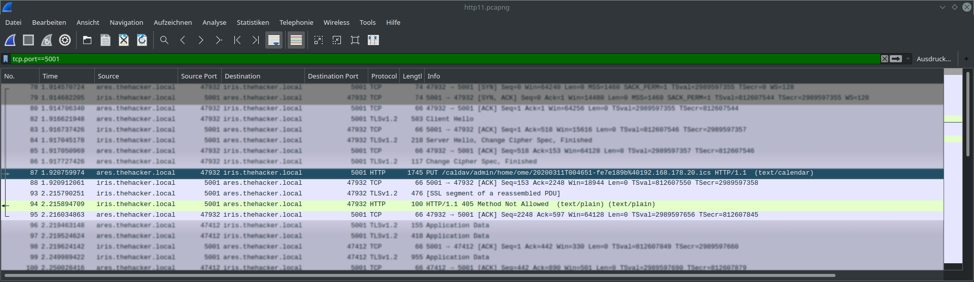 Ändern eines Termins in Lightning: Wireshark zeigt CalDAV-Protokoll mit HTTP 405 (HTTP 1.1)