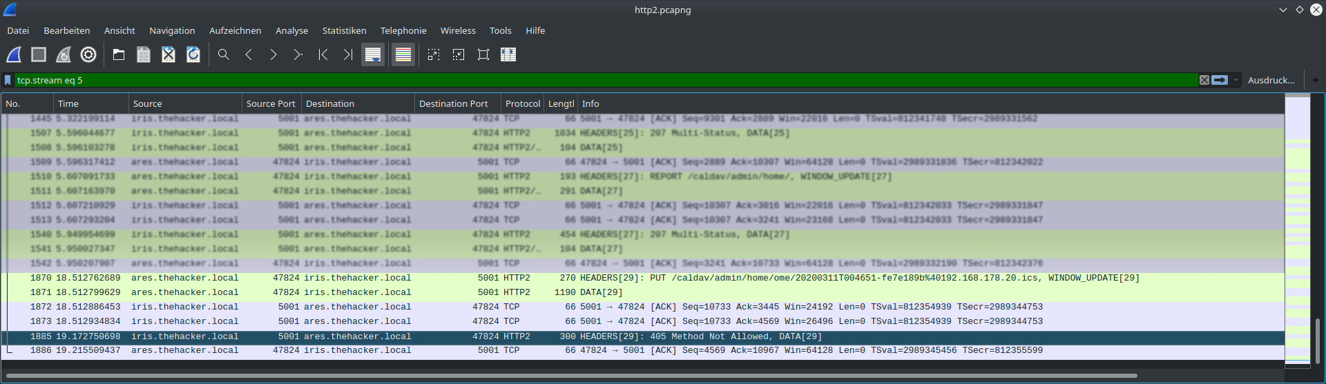 Ändern eines Termins in Lightning: Wireshark zeigt CalDAV-Protokoll mit HTTP 405 (HTTP 2)