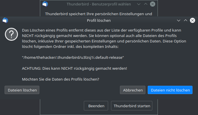 Thunderbird: Sicherheitswarnung beim Löschen eines Profils im Profile-Manager