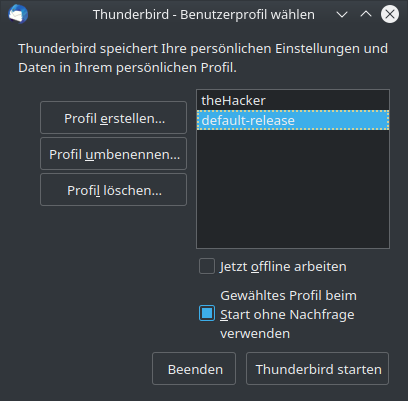 Thunderbird: Profile-Manager – Benutzerprofil wählen, Profil erstellen, Profil umbenennen, Profil löschen