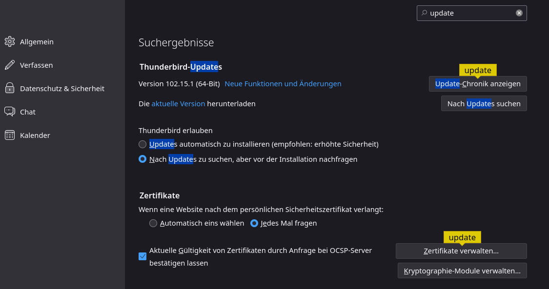 Thunderbird – Update-Settings stehen auf "Nach Updates zu suchen, aber vor der Installation nachfragen"