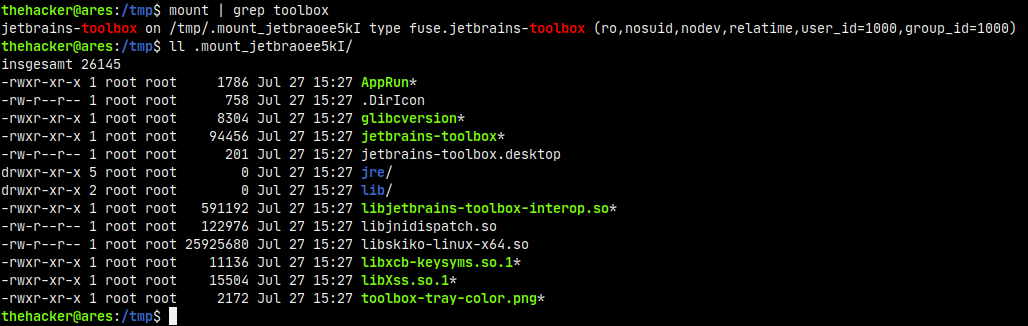 Konsole zeigt Mount-Point und Verzeichnisinhalt für Toolbox – mount | grep toolbox – fuse.jetbrains-toolbox – ll .mount_jetbraoee5kI/